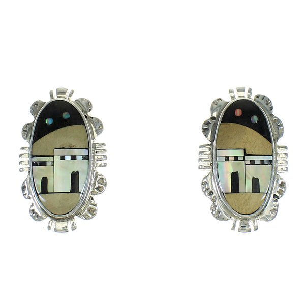 Native American Village Design Multicolor Sterling Silver Post Earrings AX81238